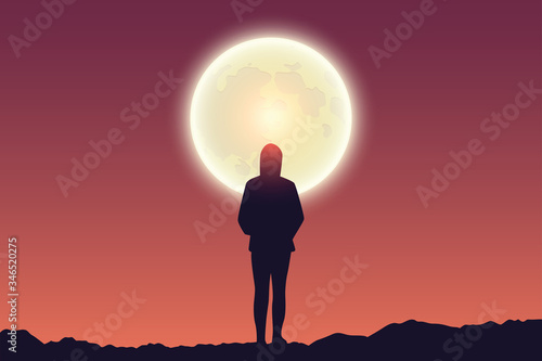 lonely girl at full moon red sky landscape vector illustration EPS10