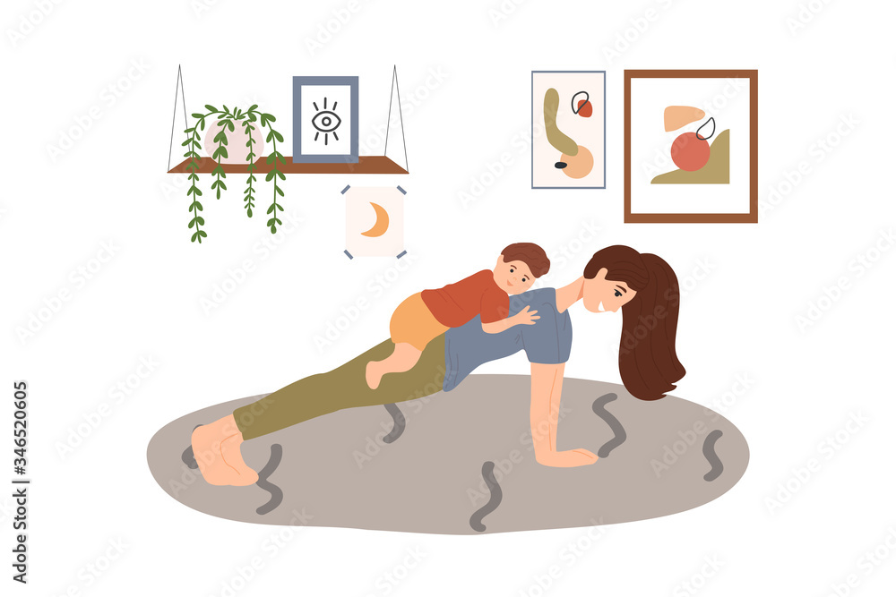 Young mother and son do sport activity at cozy home. Yoga and fitness, healthy lifestyle during quarantine. Sport with children, family time concept. Flat cartoon vector illustration. Young mother and son do sport activity at cozy home. Yoga and fitness, healthy lifestyle during quarantine. Sport with children, family time concept. Flat cartoon vector illustration.