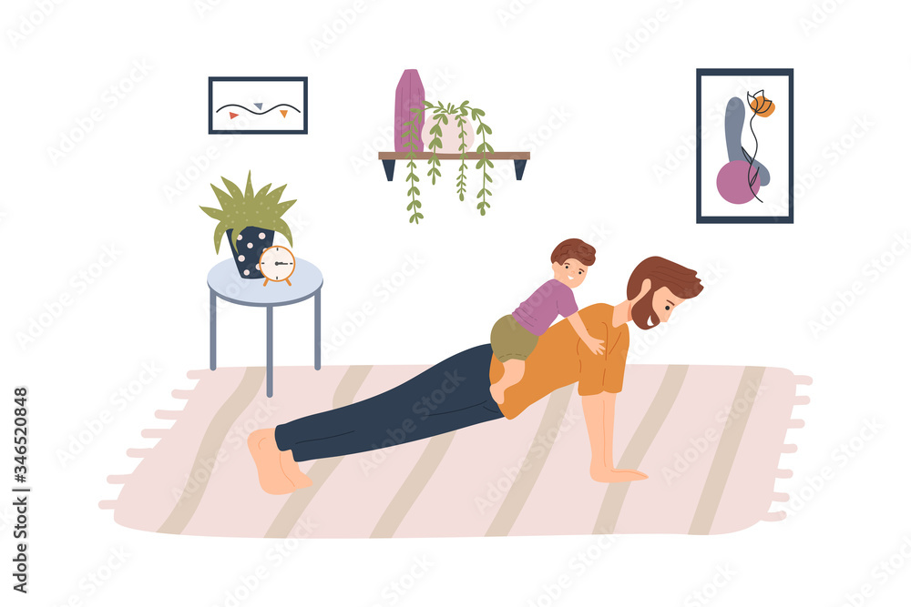 Young father and son do sport activity at cozy home. Yoga and fitness, healthy lifestyle during quarantine. Sport with children, family time concept. Flat cartoon vector illustration. Young father and son do sport activity at cozy home. Yoga and fitness, healthy lifestyle during quarantine. Sport with children, family time concept. Flat cartoon vector illustration.