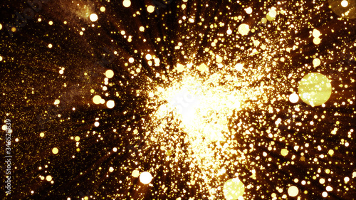 gold particles explosion abstract background with shining golden particle stars dust.Beautiful futuristic glittering in space on black background.