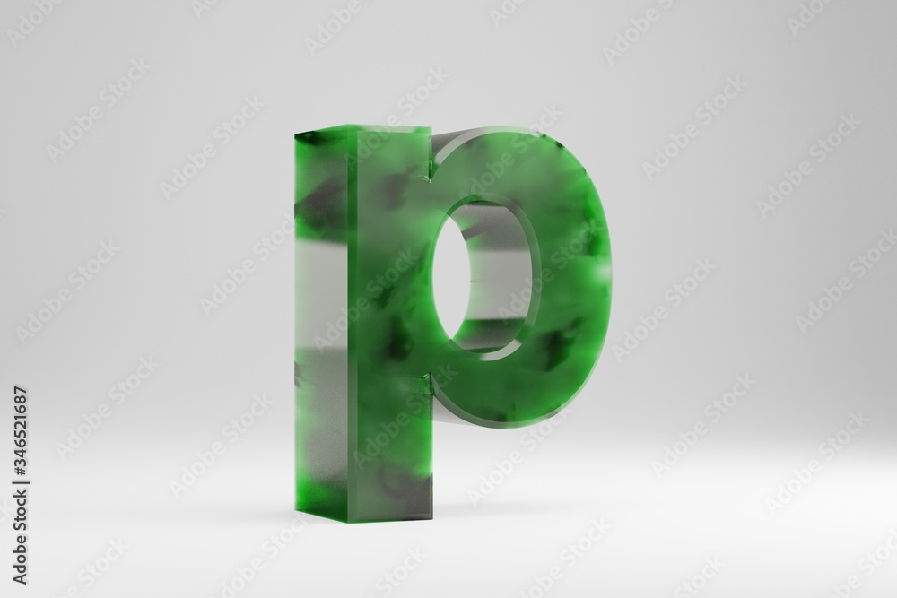 Jade 3d letter P lowercase. Jade letter isolated on white background. Green jade semitransparent stone alphabet. 3d rendered font character.