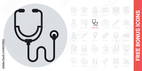Stethoscope icon. Simple black and white version. Free bonus icons kit included