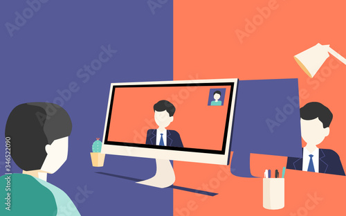 Videoconferencing and online meeting . Video conference landing. People on desktop computer  screen taking with colleague. vector illustration.