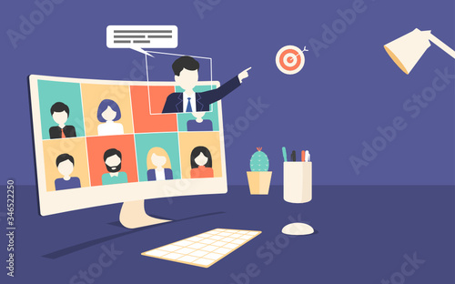 Videoconferencing and online meeting . Video conference landing. People on desktop computer  screen taking with colleague. vector illustration.