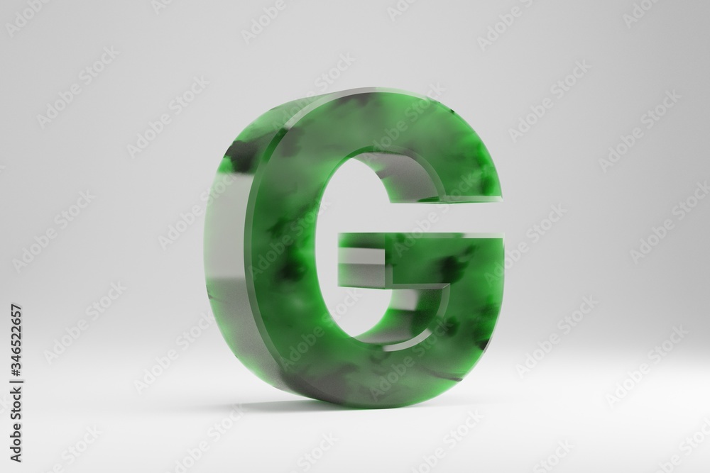 Jade 3d letter G uppercase. Jade letter isolated on white background. Green jade semitransparent stone alphabet. 3d rendered font character. Jade 3d letter G uppercase. Jade letter isolated on white background. Green jade semitransparent stone alphabet. 3d rendered font character.