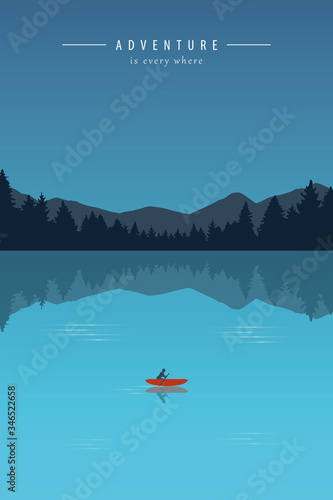 canoeing adventure with a red boat on a turquoise lake vector illustration EPS10