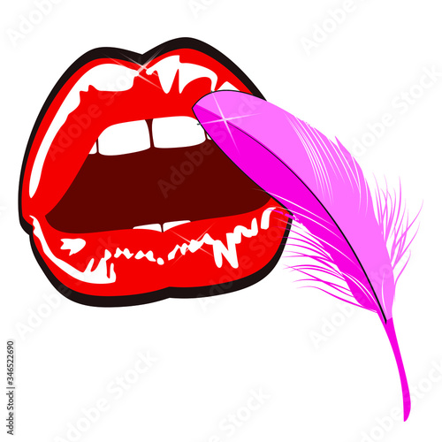 Set of red lips and pink feather on white background
