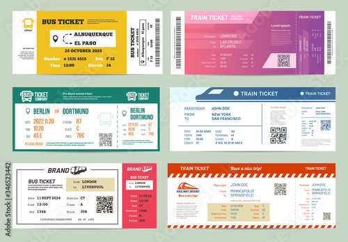 Set of isolated bus and train, railway tickets