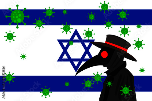 Black plague doctor surrounded by viruses with copy space with ISRAEL flag.