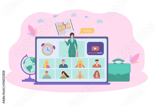 Internet class. Stay at school. The teacher conducts classes online. Studying at home via teleconferencing Web-based video conferencing during the coronavirus COVID-19. Emergency school, college test