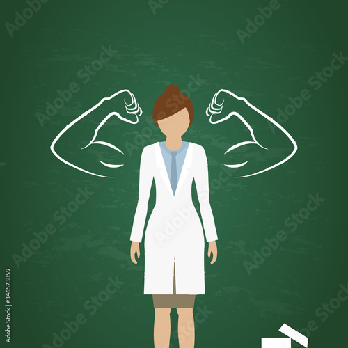 female doctor with drawn muscular arms on blackboard background vector illustration EPS10