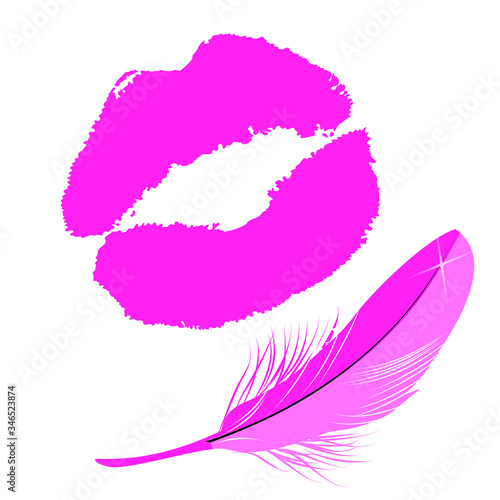 Set of pink lips and feather on white background