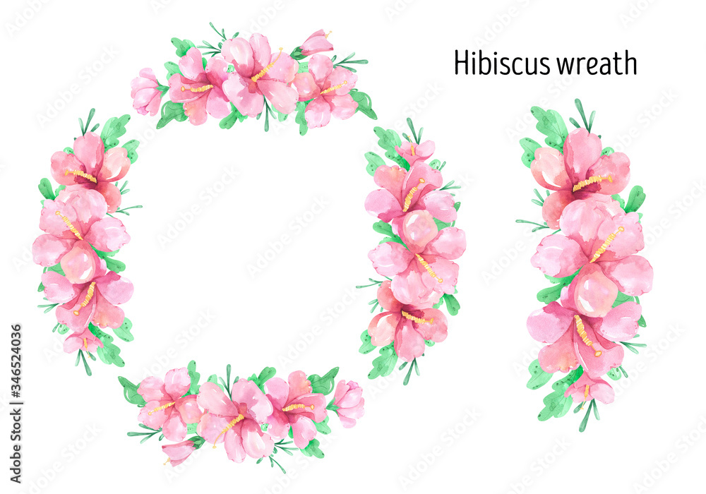 Watercolor pink hibiscus clipart. Hawaii fowers illustrations. Hibiscus and leaves compositions. Tropical floral wreath, exotic botany frame. Summer flower composition, paradise plants