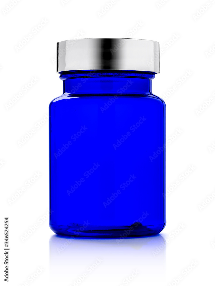 blue bottle for vitamin or supplement product design mock-up isolated on white background blue bottle for vitamin or supplement product design mock-up isolated on white background