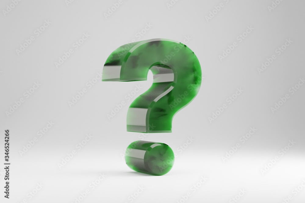 Jade 3d question symbol. Jade sign isolated on white background. Green jade semitransparent stone alphabet. 3d rendered font character. Jade 3d question symbol. Jade sign isolated on white background. Green jade semitransparent stone alphabet. 3d rendered font character.