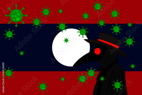 Black plague doctor surrounded by viruses with copy space with LAOS flag.