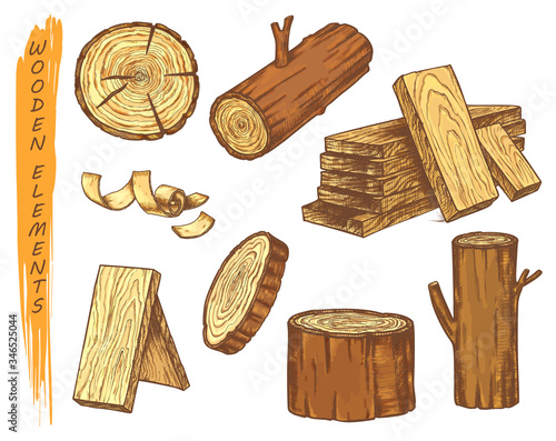 Isolated sketch of wooden elements in color