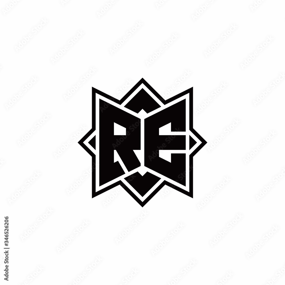 RE monogram logo with square rotate style outline