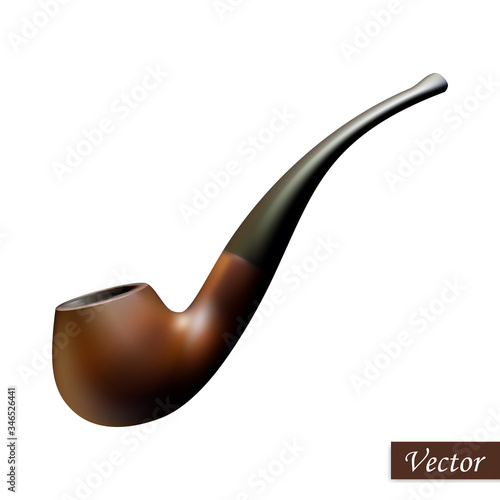 Tobacco pipe isolated on white background. Realistic smoking pipe. Macro icon wooden item. Vector illustration 3D element. Colorful mock up. Design for card, brochure, banner, logo, brochure. Stock.