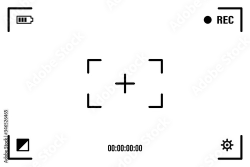 Camera screen with white frame, figures and battery symbol. Camcorder viewfinder on black background. Vector illustration for your graphic design