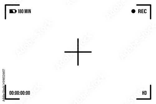 Camera screen with white frame, figures and battery symbol. Camcorder viewfinder on black background. Vector illustration for your graphic design