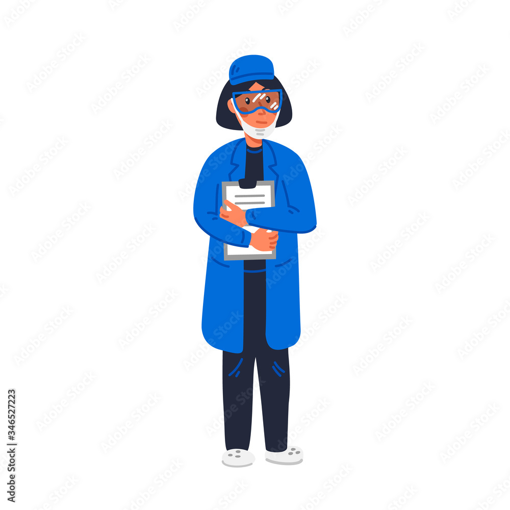 scientist - Woman scientist in lab coat holding madical chart. Vaccine development. Scientific research, fight against covid-19. Flat style vector illustration on white background.