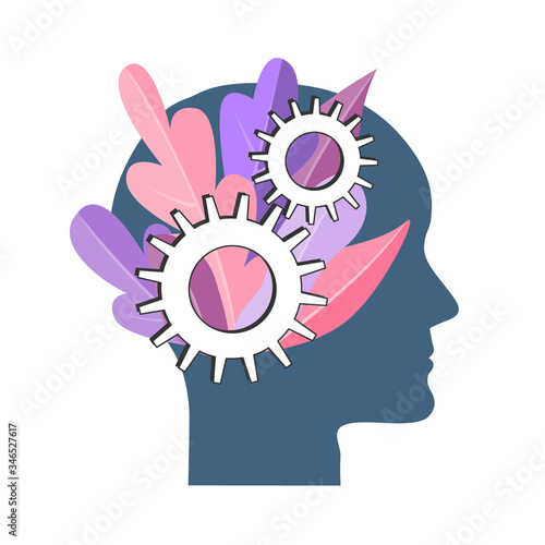 Personal development vector concept. NLP symbol, Natural Language Processing, mental growth idea. Human head with gears and tree