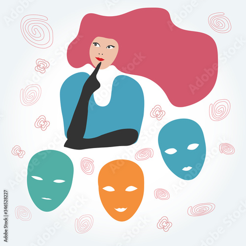 Vector illustration of a woman in thoughts and masks for the previous mood