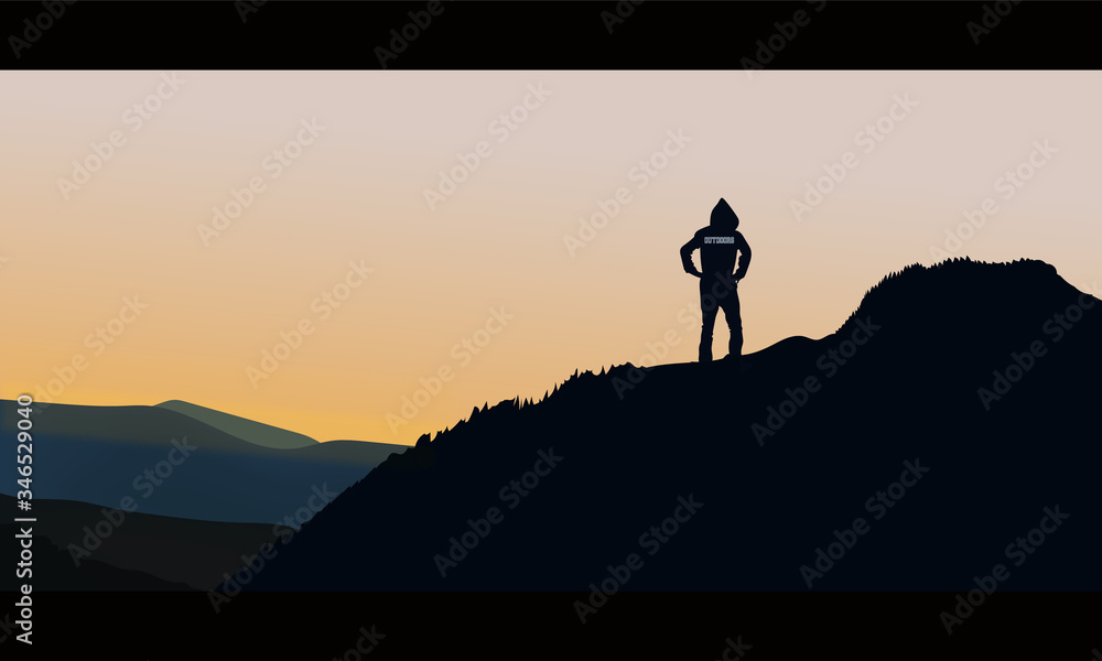 Landscape Silhouette of man standing on top of Mountain Cliff Looking at Sunrise Background Illustration Design