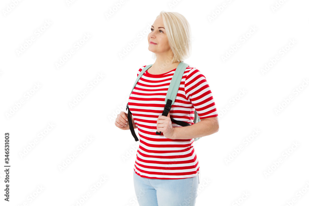 Happy woman with backpack isolated copy space mockup. Happy woman with backpack isolated copy space mockup.