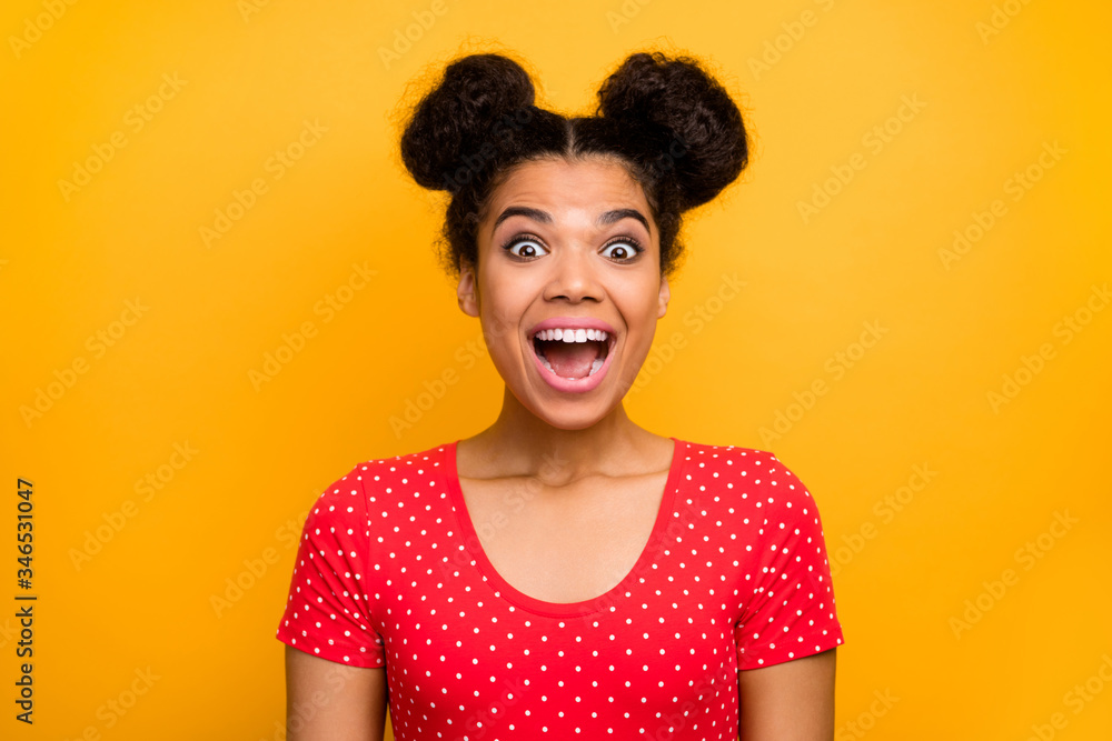 Portrait of astonished afro american girl look incredible unbelievable novelty impressed scream wear polka-dot outfit isolated over shine color background Portrait of astonished afro american girl look incredible unbelievable novelty impressed scream wear polka-dot outfit isolated over shine color background
