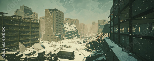 wasteland city and apocalypse aftermath, ruins of city. 