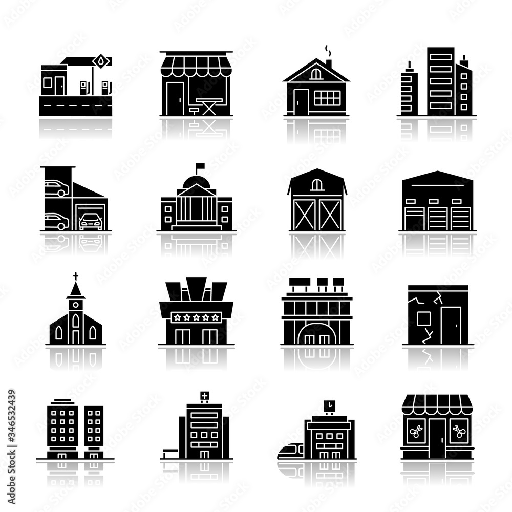 Industrial buildings drop shadow black glyph icons set. High rise skyscrapers. Car parking. Cinema theater. Urban district. City constructions. Isolated vector illustrations on white space