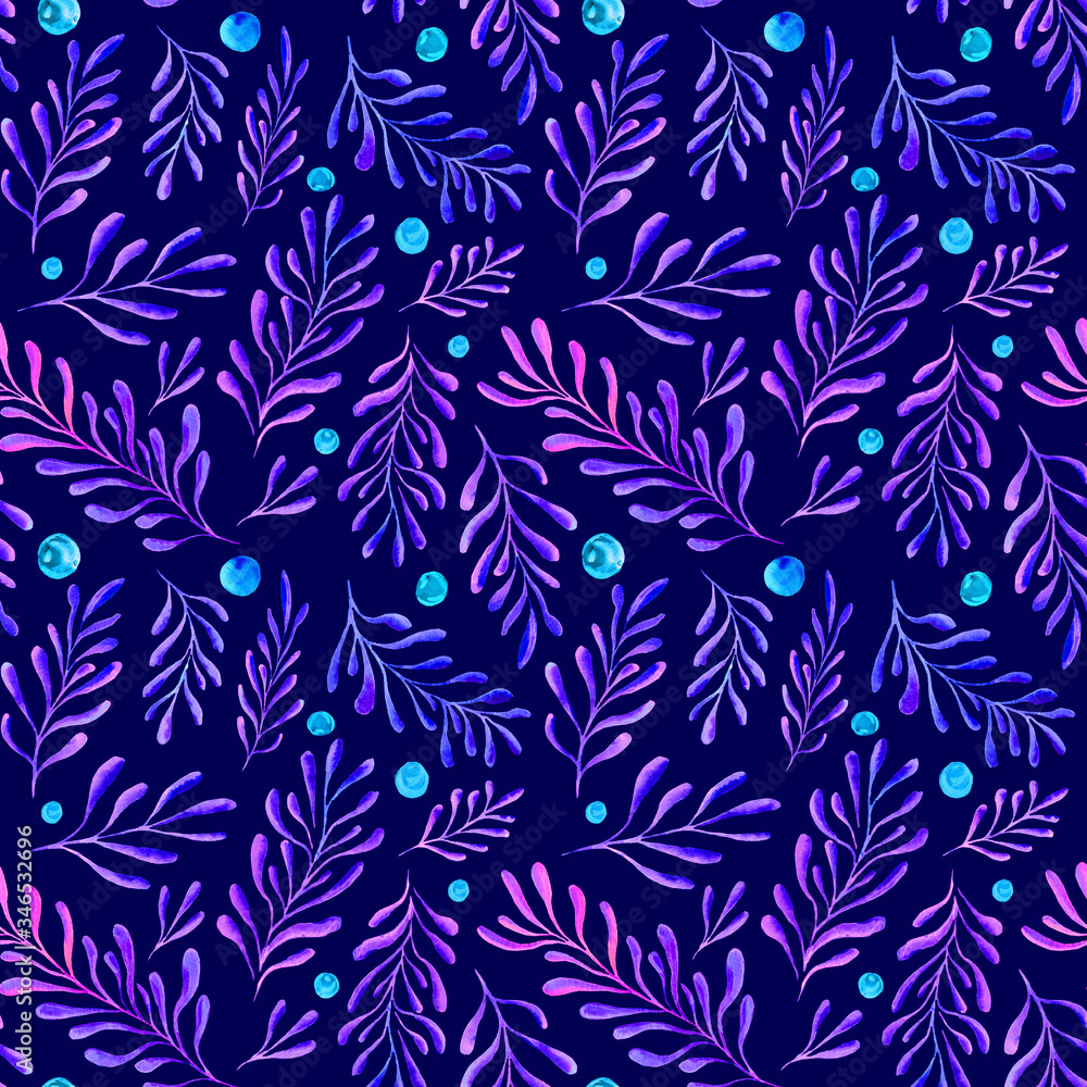 Botanical seamless pattern - watercolor hand-drawn pattern of branches, leaves and berries on a dark blue background. Space style, bright combination of colors.