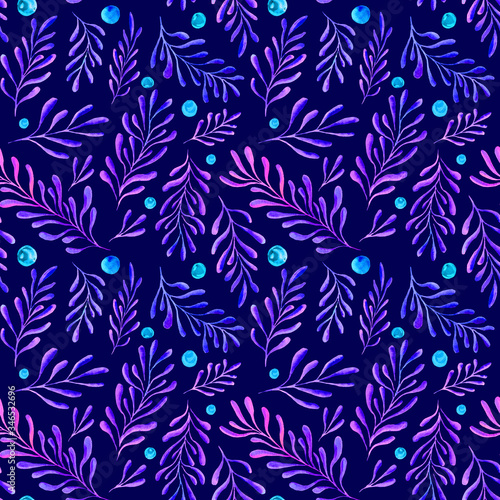 Botanical seamless pattern - watercolor hand-drawn pattern of branches, leaves and berries on a dark blue background. Space style, bright combination of colors.