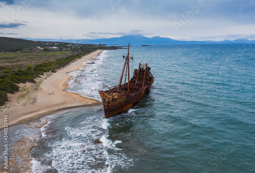 Aerial view of Shipwreck Dimitrios  formerly called Klintholm  in Gythio Peloponnese  in Greece