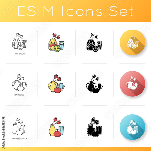 Art movements icons set. Modern paintings exhibition. Art deco, baroque and impressionism styles. Linear, black and RGB color styles. Isolated vector illustrations