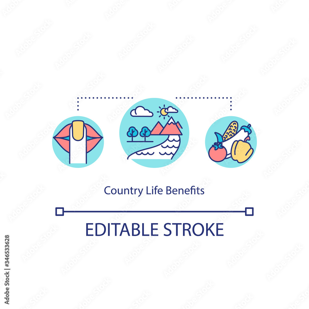 Country life benefit concept icon. Peace and quiet. Countryside nature. Fresh food. Suburban lifestyle idea thin line illustration. Vector isolated outline RGB color drawing. Editable stroke Country life benefit concept icon. Peace and quiet. Countryside nature. Fresh food. Suburban lifestyle idea thin line illustration. Vector isolated outline RGB color drawing. Editable stroke