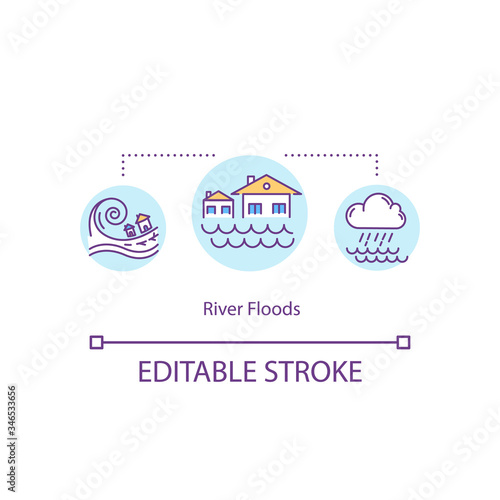 River floods concept icon. Heavy rain, damage for property. House insurance. Environmental disaster idea thin line illustration. Vector isolated outline RGB color drawing. Editable stroke