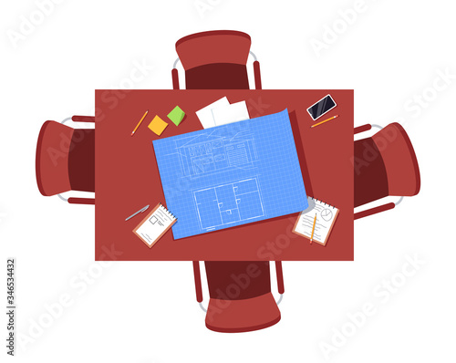 Architect team table semi flat RGB color vector illustration. Blueprint plan of building on table. Chairs around circle desk. Office deks isolated cartoon object top view on white background