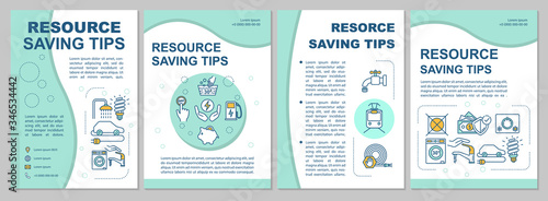 Resource saving tips brochure template. Sustainable consumption. Flyer, booklet, leaflet print, cover design with linear icons. Vector layouts for magazines, annual reports, advertising posters