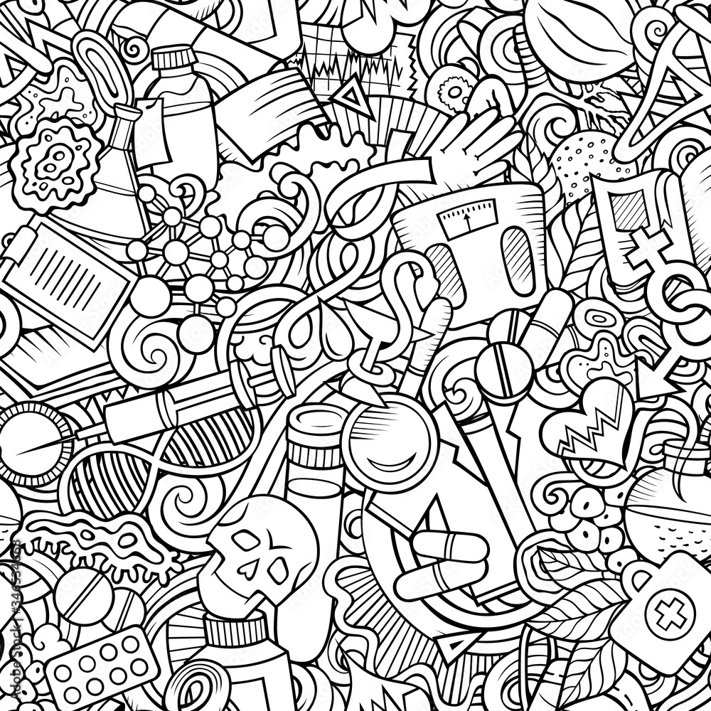Cartoon cute doodles hand drawn Medicine seamless pattern.
