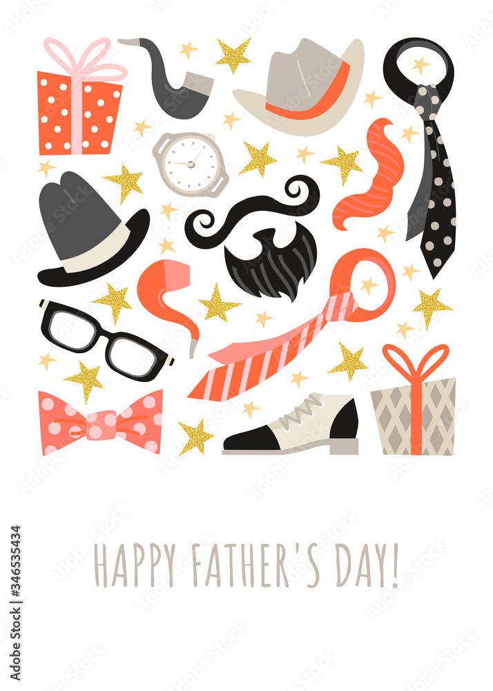 Fathers Day greeting card template with a set of men's accessories and gifts