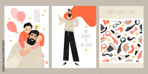 Set of fathers day greeting card templates with cute characters of daddy with children, dad-superhero and seamless texture from men's accessories and gifts