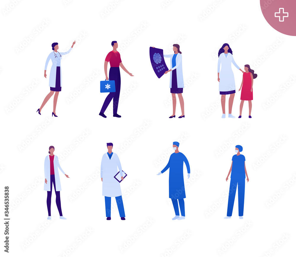Medical professional people team concept. Vector flat person illustration set. Hispanic and latin american. Group of male and female doctor in coat, mask and glove. Design for banner, web, infographic