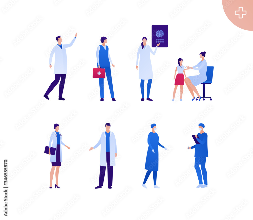 Medical professional people team concept. Vector flat person illustration set. Asian ethnicity. Group of male and female doctor in coat, mask and glove. Design for banner, web, infographic