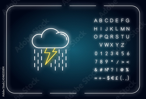 Heavy showers neon light icon. Outer glowing effect. Weather prediction, meteo forecast sign with alphabet, numbers and symbols. Raining thundercloud vector isolated RGB color illustration