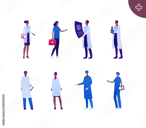 Medical professional people team concept. Vector flat person illustration set. African american ethnicity. Group of male and female doctor in coat, mask and gloves. Design for banner, web, infographic