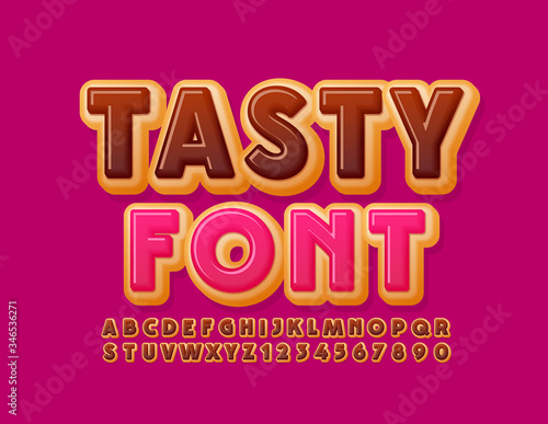 Vector Tasty Font. Pink Glazed Alphabet. Sweet Donut Letters and Numbers