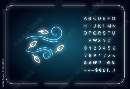 Windy weather neon light icon. Outer glowing effect. Autumn season meteo forecast, meteorology sign with alphabet, numbers and symbols. Cool breeze with leaves vector isolated RGB color illustration